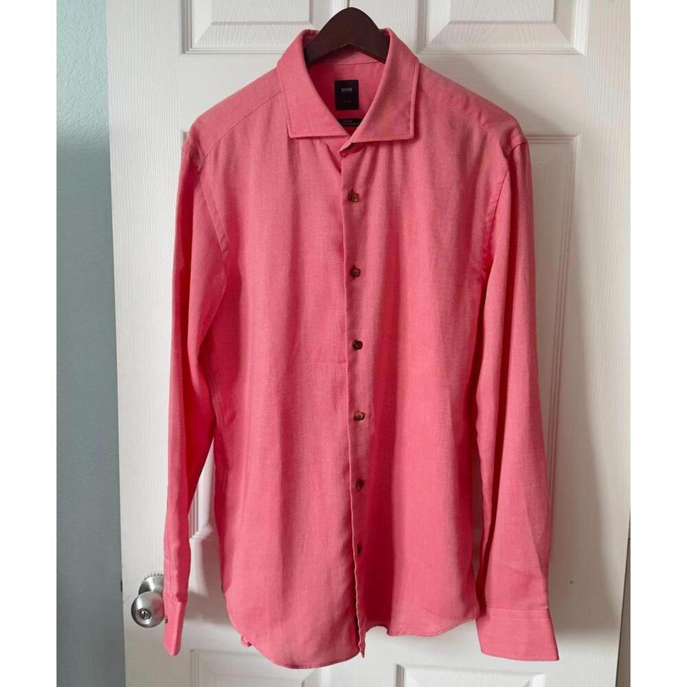 Hugo Boss Men Shirt L Coral Stripe Cotton/Cashmere Regular Fit Button Down